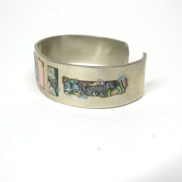 Cuff Bracelet Abalone Mother of Pearl Inlay Vintage Mexico Silver - Picture 2 of 9